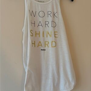 Reebok White Graphic Racerback Tank Top “Work Hard Shine Hard” Women’s Small